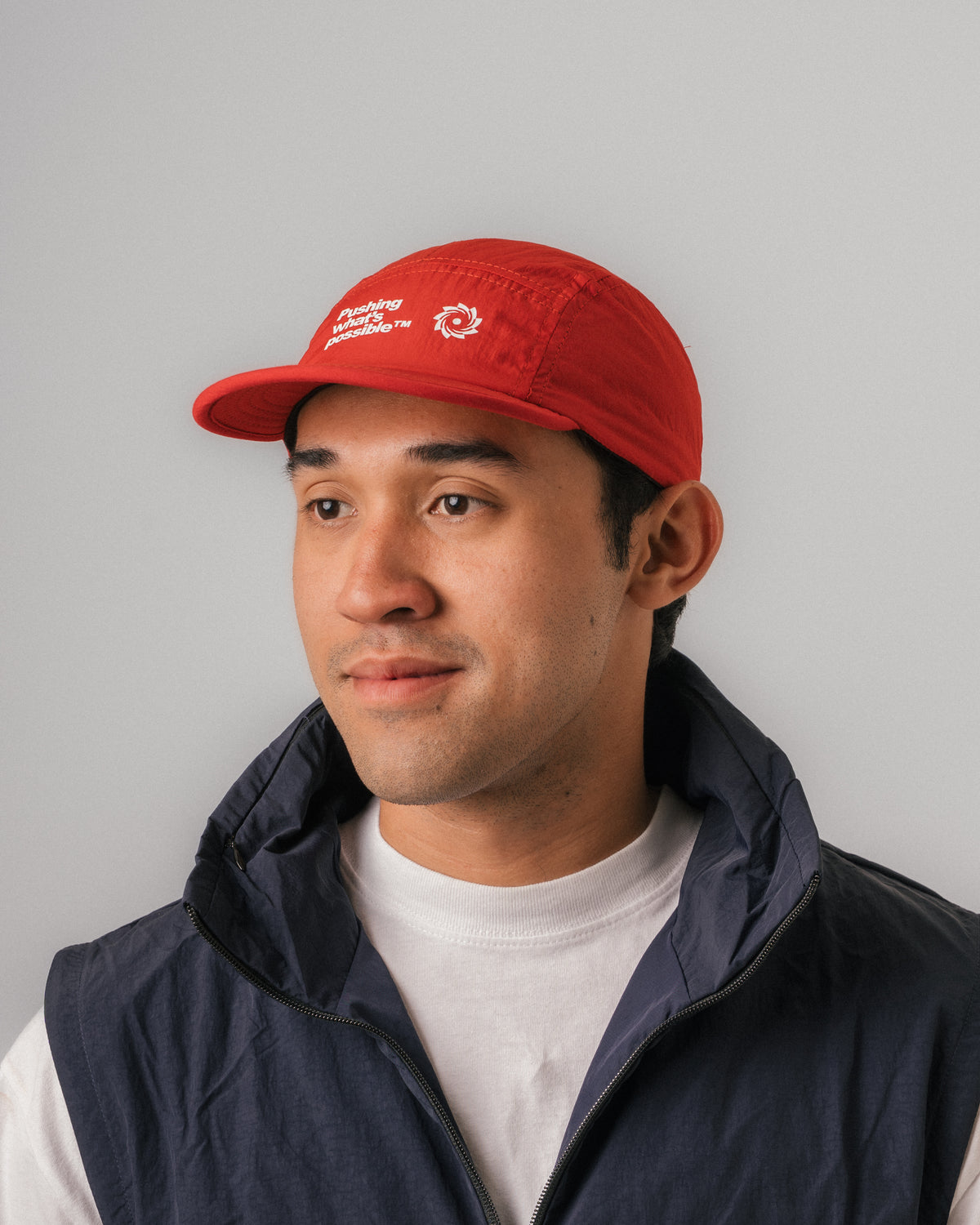 Lume 5-Panel Cap — Red (on model)